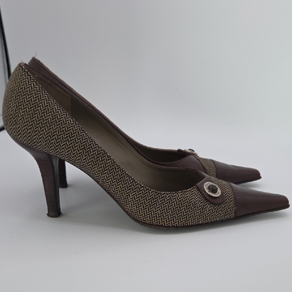 Balenciaga Brown and Tan Herringbone & Brown Leather Heels Pump Square US 7 38